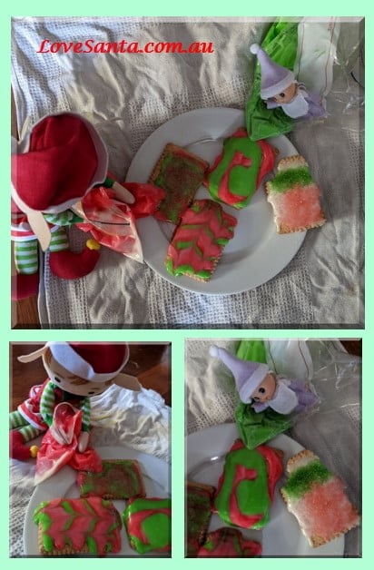 Elf biscuit decorating collage | love santa Collage of Christmas elf antic photos with elves using an icing bag to decorate biscuit sin red and green