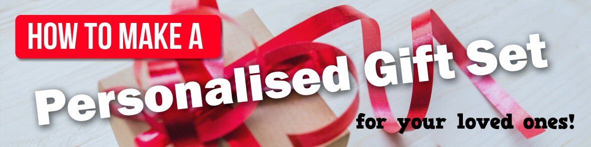 Personalised gift set header optimised | love santa Banner for 'how to make a personalised gift set' eBook with text over a present tied with red ribbon