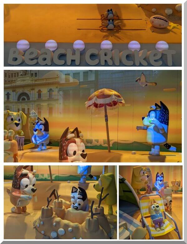 2023_myer_windows_bluey_beach_cricket_collage600 | love santa 2023 Myer Melbourne windows showing Bluey at Christmas playing beach cricket