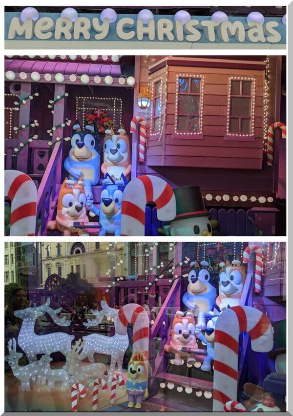 2023_myer_windows_bluey_merry_xmas_collage600 | love santa 2023 Myer Melbourne windows showing Bluey at Christmas as the family relax on Christmas night