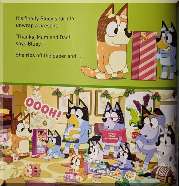 Bluey_xmas_swim_inner-600 | love santa Inner page of BLuey - Christmas swim showing BLuey getting and opening a present from Mum and Dad