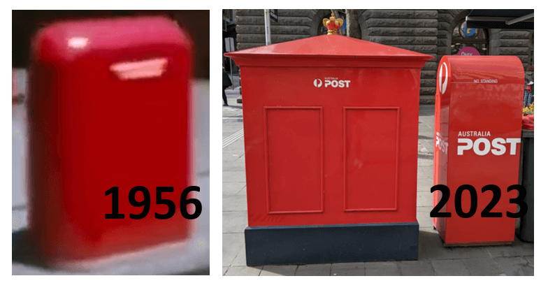 Two hotos of red letterboxes in Melbourne - one from 1956 and one from 2023
