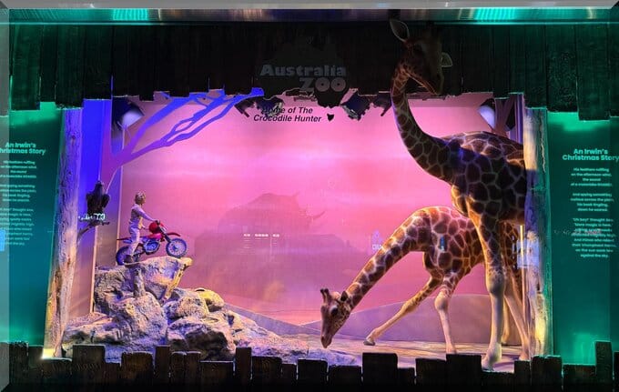 2024_myer_windows_wildlife_warriors_australia_zoo_giraffes_motorbike-680x431 | love santa 2024 Myer windows - wildlife warriors showing