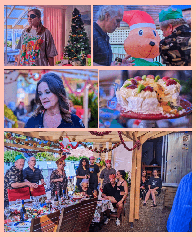 Nugget-is-dead-collage | love santa Collage of photos from the Christmas movie Nugget is Dead. Shows young woman, Steph in eye patch, men and an inflatable kangaroo, a brunette middle aged woman, Jodie, a pavlova, and a family on a deck for Christmas.