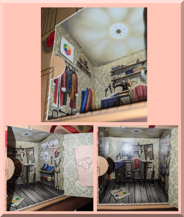 Day3 escape advent tailouring room600x705 | love santa Collage of pictures showing the inside of the day 3 box for the escape advent calendar - day 3 shows a tailor or sewing room