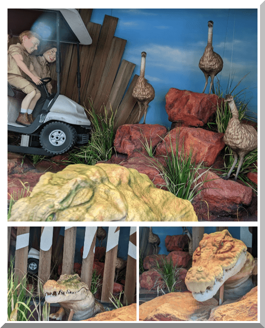Myer_windows_2024_australia_zoo_crocodiles-irwins_jeep-530x656 | love santa Corocildes, emus and a jeep with Bindi and Robert Irwin in the Myer windows 2024