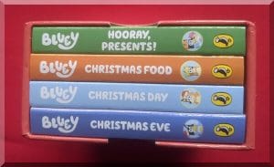 Bluey christmas library titles 600x366 | love santa View of book titles int eh box set Bluey Christmas Little Library